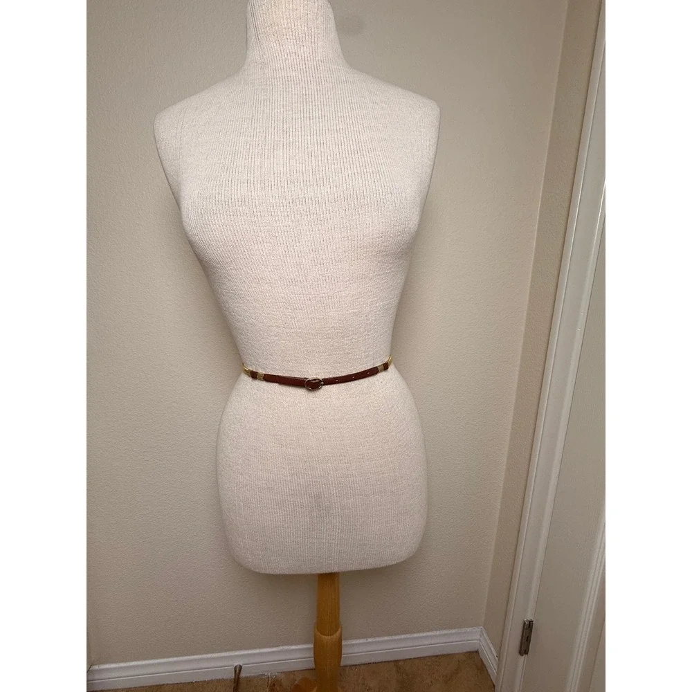 Vintage 1970's Gold Tone Snake Chain Belt Brown Leather‎ Retro Skinny Metallic